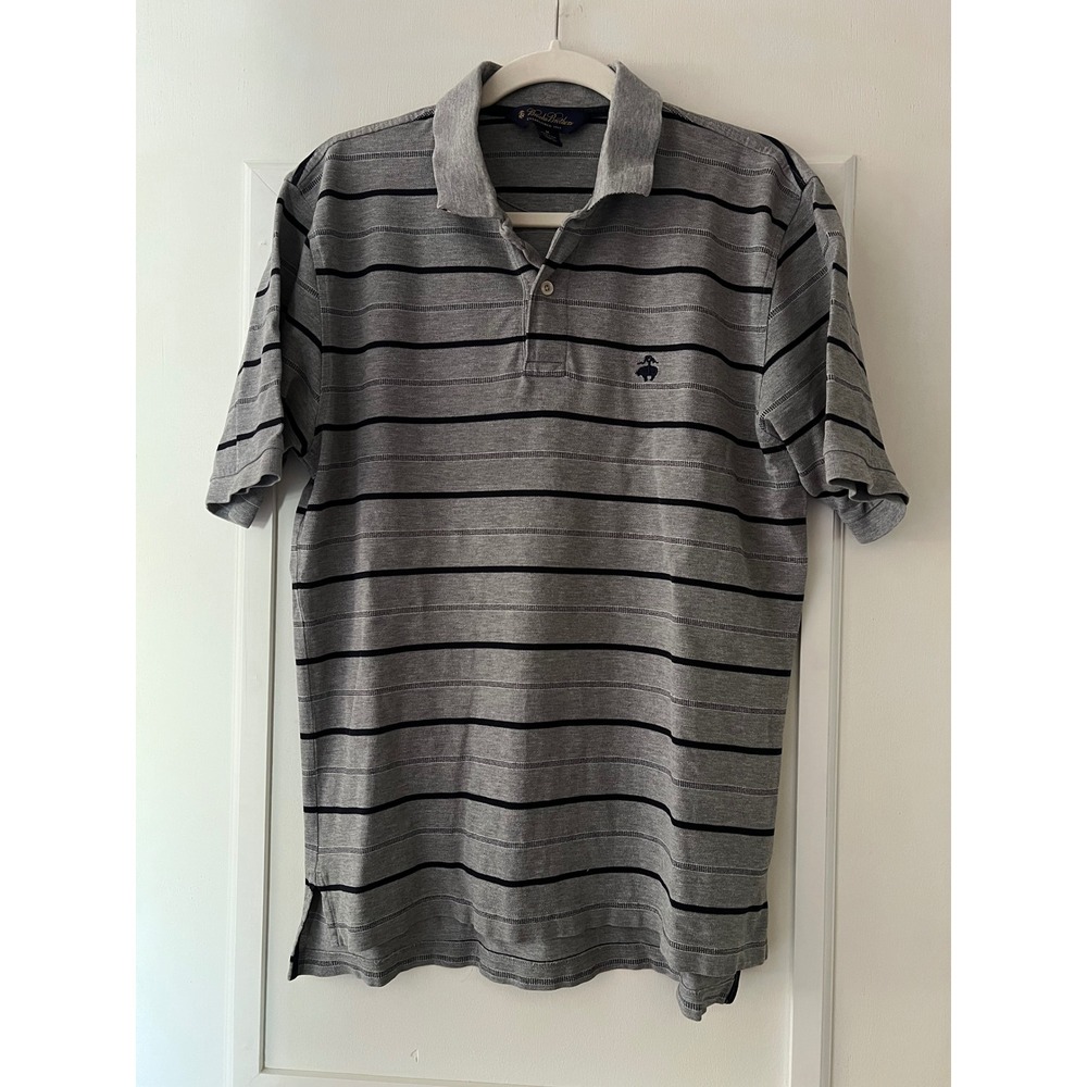 Brooks Brothers Mens M Pima Cotton Striped Polo Shirt Grey Navy Golden Fleece